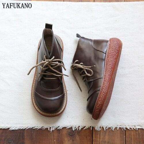 Literary Retro Round Toe Lace-Up Thick-Soled Big Head Doll Shoes Handmade Comfort Casual Short Boots Mori Womens Ankle Boots