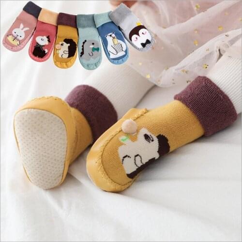 Baby anti slip socks boys girls newborn infant winter cotton terry thick warm leather soles toddler animal print long sock shoes