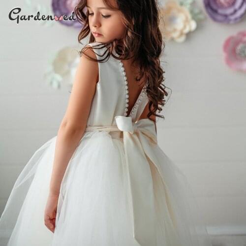 Kids Champagne Puffy Flower Girl Dress Pearls Beadings Bow First Communion Dresses Tulle Sashes Kids Little Bride Dresses