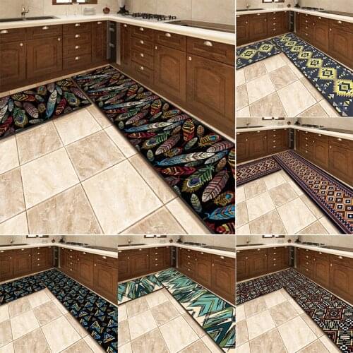 European Vintage Kitchen Mat Geometric Printed Anti Slip Hallway Doormat Long Balcony Bathroom Bath Mat Carpet Area Rug