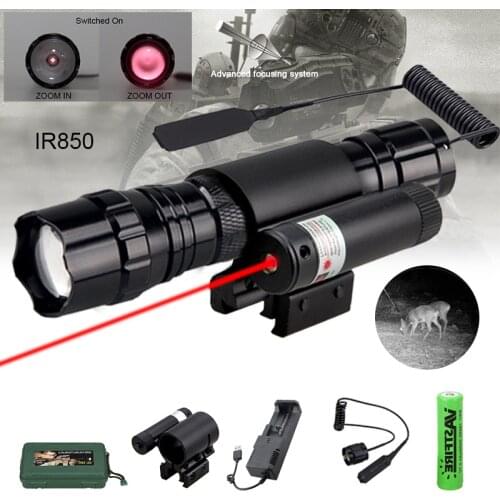 501B IR850nm Night Vision Flashlight Tactical Infrared Radiation Zoomable Hunting Torch+Red Laser Dot Sight+Mount+18650+Charger