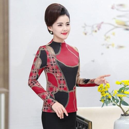Long Sleeves T-Shirts Spring Fall Women Bottoming Shirt Pullover Turtleneck Printed 5XL Plus Size Mother Tops Casual Tee