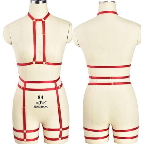 Gothic Fetish Red Cage Bra High Waist Wedding Garter Belt Body Harness Set Pole Dance Crop Top Harness Bra Stocking Garter belt