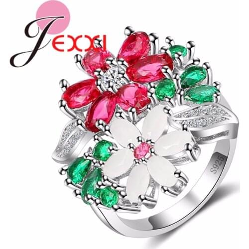 Classic Flower Shape European Hyperbolic Style Colorful Fresh Ring for Women Girls Best Gift 925 Stamp Silver Finger Ring