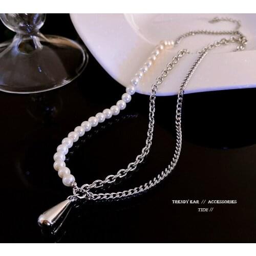 Fashion Asymmetrical Design Pearl Titanium Steel Necklace for Women Water Drop Pendant Necklace Female Elegant Clavicle Chain