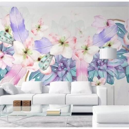 Mural Custom wallpaper papel de parede Beautiful hand painted watercolor floral feather purple TV background wall behang