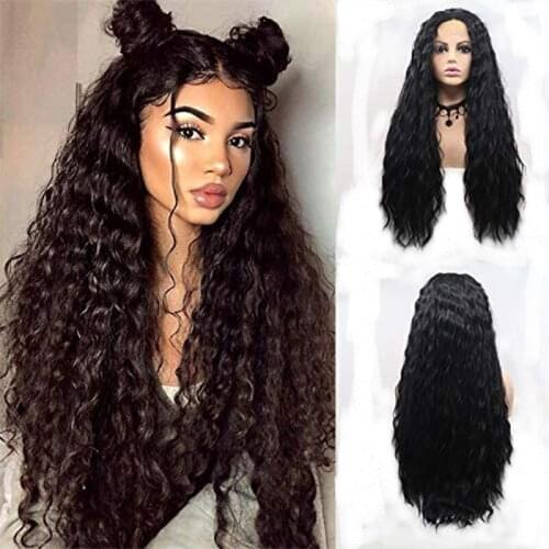 Natural Color Lace Front Wigs 26" Long Curly Wavy Black Color Highlight Temperature Synthetic Wigs for Black Women 150% Density