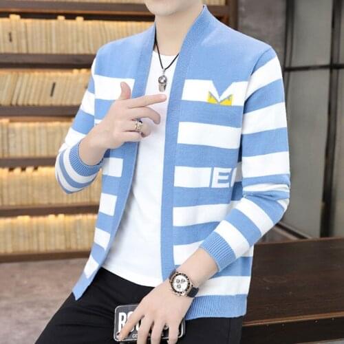 2021 Spring and Autumn New Mens Striped Cardigan Sweater Loose Sweater Youth Trend Knitted Jacket