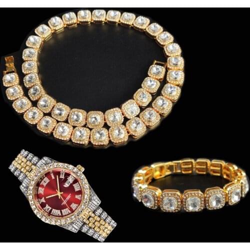 3pcs Kit Hip Hop12.5MM Prong Micro Pave Cubic Bling Zircon Alloy Tennis Chain Necklace +Watch+Bracelet For Men Women Jewelry