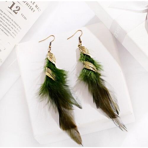Boho Feather Earrings For Women Kolczyki Gold Leaf Pendant Blue Green Long Earrings Brinco Feminino серьги 2021 тренд
