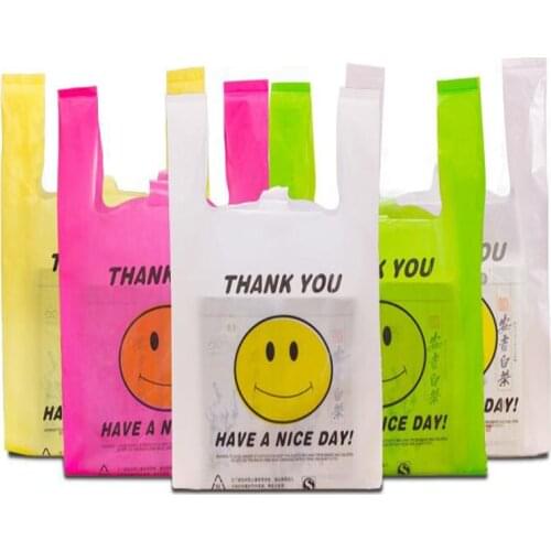 4 sizes 50pcs Cheap Smile face supermarket shopping bag vest bag plastic bags with handle snack boutique plastic bag