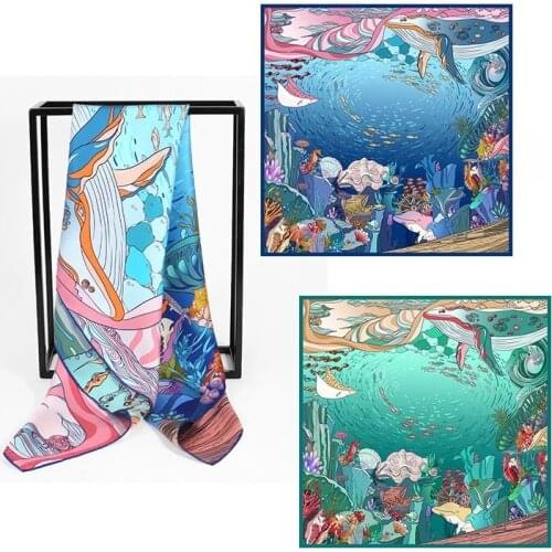Sea World Print Luxury 100% Silk Scarf Wraps 16mm Women High Quality Square Silk Shawl Foulard 86*86cm Double side Pattern