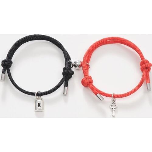 QiLuxy 2pcs Magnet Attract Each Other Lock Key Charm Couple Bracelets for Man Women Lucky Couple Bracelets Jewelry Lover Gifts