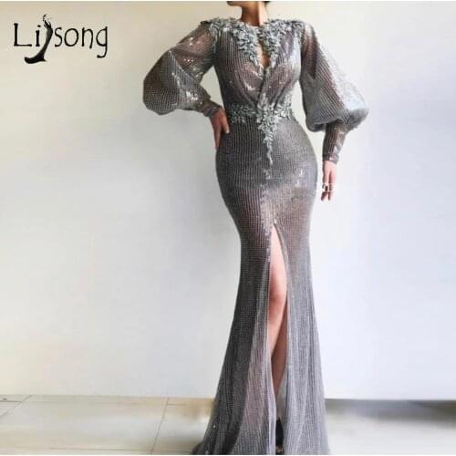 Luxury Beaded Sequined Mermaid Evening Dresses High Side Split Prom Gowns Sparkle Flower Crystal Puff Full Sleeves Formal Dress