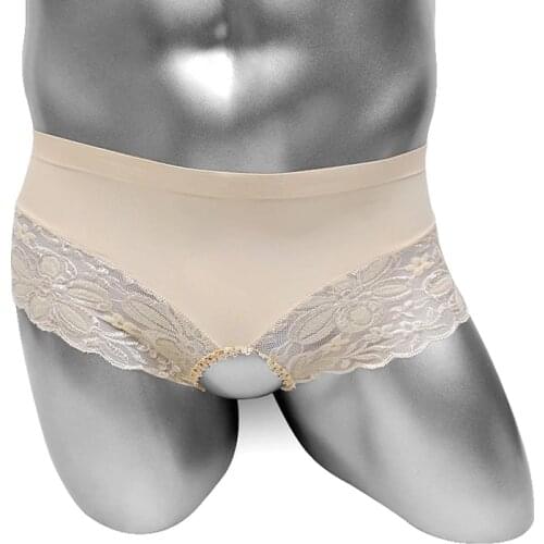 Open Crotch Floral Lace Mens Briefs Underwear Sissy Sexy Lingerie Panties Bikini Low Rise See Through Male Erotic Underpants