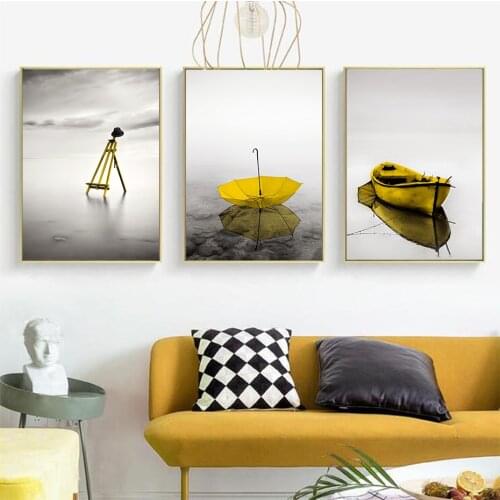 Abstract Calm Lake Landscape Yellow Self-adhesive Wall Stickers Wall Art Prints Poster for Living Room Decor Home Decoration