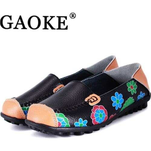 Women Casual Genuine Leather Boat Comfortable Soft Flat Ventilation Fashion Printing Flat Slip On Shoes Loafers