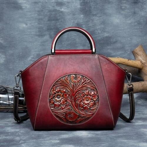 Vintage Floral Genuine Leather Women Bag 2021 Summer Nature Cowhide Ladies Handbag Embossed Versatile Shoulder & Crossbody Bags