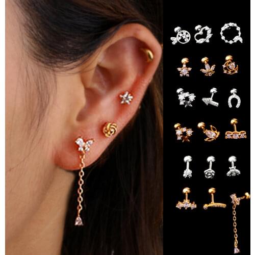 1PC CZ Gold Flower Star Ear Bone Cartilage Piercing Earrings for Women Small Tragus Rook Conch Helix Daith Tragus Labret Jewelry