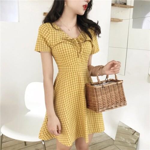 Bella philosophy 2020 Women Mini Dress Preppy Look V Neck Plaid Checks V-neck A Line Flare Dress Vestidos Female Summer Dresses
