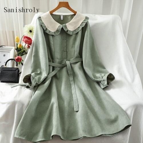 Sanishroly Korean Style Women Peter Pan Collar Long Sleeve Dress With Belt Long Dresses Lady High Waist Autumn Dress Vestidos 95