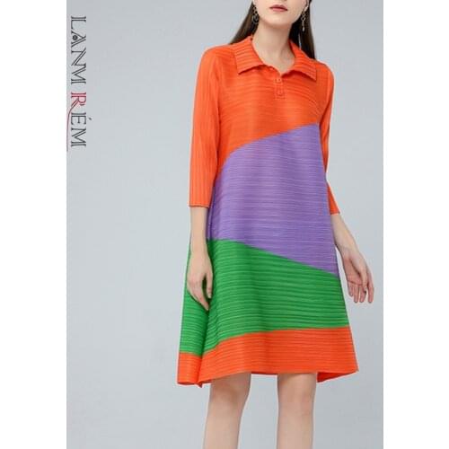 LANMREM Stitching Color Dress Womens Summer Lapel Three Quarter Sleeves Contrast Dresses Female Elegant Clothing 2D3939