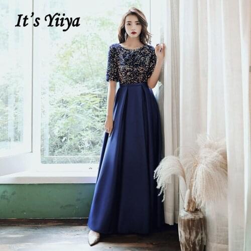 Elegant Evening Dress Its Yiiya AR479 Navy Blue Colorful Sequined Robe De Soiree O-neck Formal Dresses Half Sleeve Evening Gown
