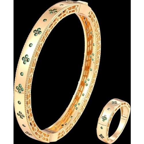 Zlxgirl 2020 New Arrival womens Gold color Copper wedding bangle and ring jewelry sets fine womens zirconia bracelet anel gift