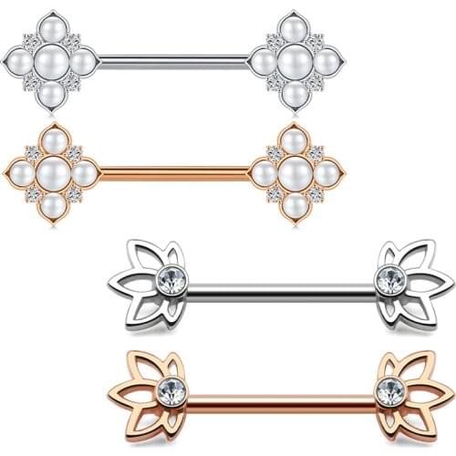 14g flower point white & pearl clip zirconium nipple ring nipple bar 1.6mm nipple piercing nipple barbell 2020