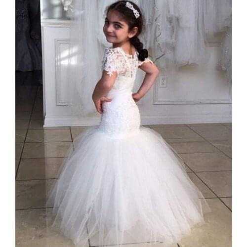 2016 Lace Mermaid Flower Girls' Dress Floor Length Short Sleeves Lace Organza Flower Girls' Dresses Hot Mermaid Girl Party Gowns