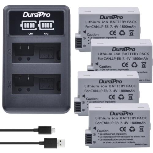 Durapro 4pc Battery For Canon LP-E8 LP E8 LPE8 Li-ion Batteries + LED Dual USB Charger For Canon EOS 550D 600D 650D 700D Camera