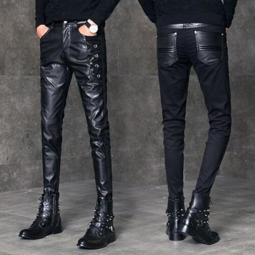 Leather Pants Mens Self-cultivation Small Feet Long Pants Autumn and Winter Thick Section Stitching Casual Pants Streetwear