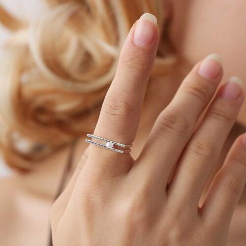 D Shape Double Parallel Lines Simulated Pearls Open Copper Silver Plated Rings For Women