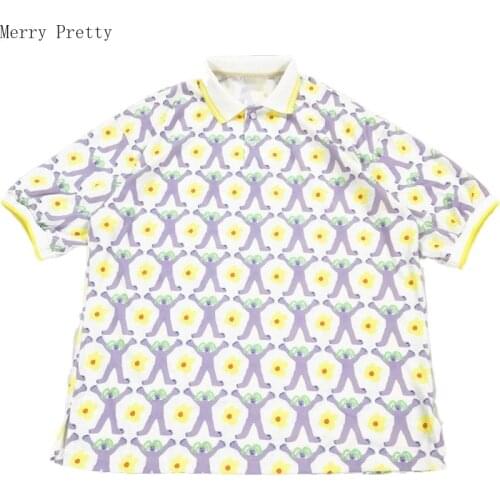 Cartoon Print Turndown Collar Cotton T Shirts 2020 Spring New Short Sleeve Harajuku T Shirts For Sweet Style Girl Tops Tees