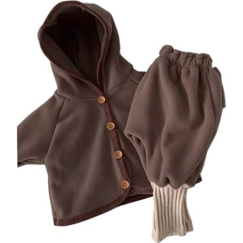 Baby Suit Autumn Winter Plus Fleece Hooded Boy Girl Wear Long-Sleeved Single-Breasted Soft Polyester Casual Childrens Wear Set