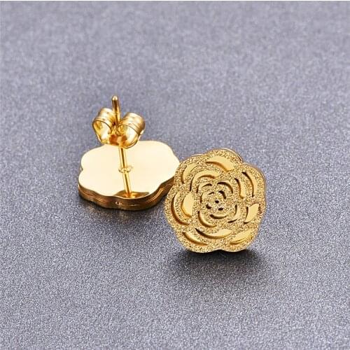Martick Sweet Style Gold-color Brincos Earrings For Women Scrub Frosted Camellia Stud Earrings Fine Jewelry Gift E159