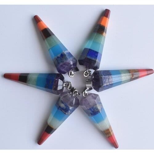 Rainbow 7 Chakra Layered Purple Crystal Tiger eye stone Hexagonal pyramid shape pendants for jewelry making 6pcs/lot wholesale