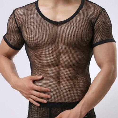 2021 Fashion Men Mesh T Shirt See Through Short Sleeve Slim Party Nightclub Sexy T-shirts Thin Breathable Top for Sports