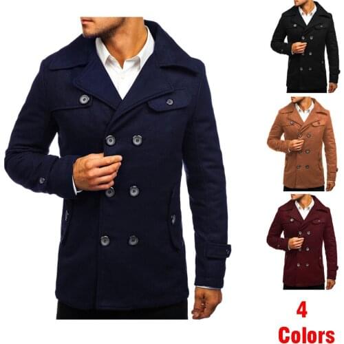Mens Double Breasted Woolen Coat For Youth Solid Color Mid-Length Trend Slim Type Trench Coat with Waistband Pocket