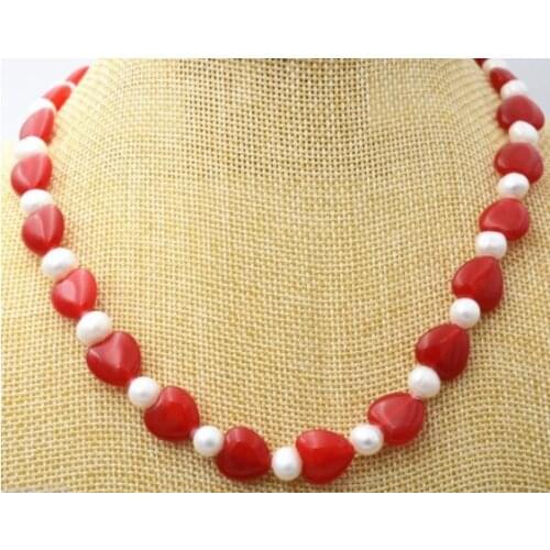 Charming 12mm red Jade Heart & 7-8mm white pearl gemstone bead necklace 20inch