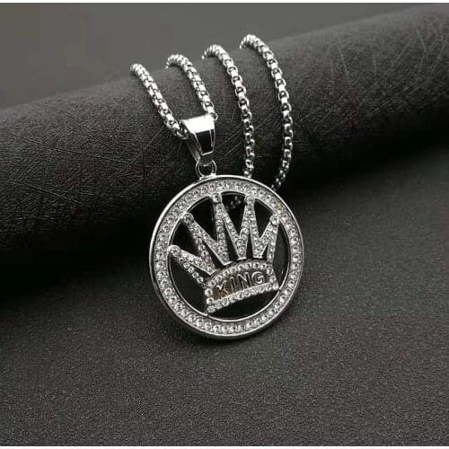 POTCET Unisex Stainless Steel King Crown Round Brand Titanium Steel Pendant Necklace Fashion Hip Hop Party Jewelry