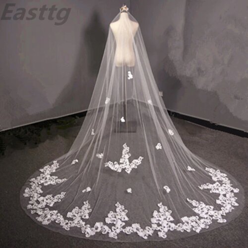 Real Photos 3.5 Meter White Ivory Cathedral Long One Layers Wedding Veil Lace Edge Bridal Veil with Comb Wedding Accessories