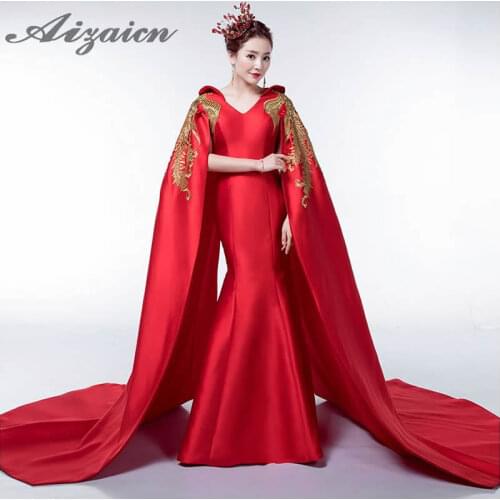 Luxury Red Tailing Evening Dress Elegant Gold Phoenix Embroidery Vintage Cheongsam Dresses Traditional Chinese Wedding Gown