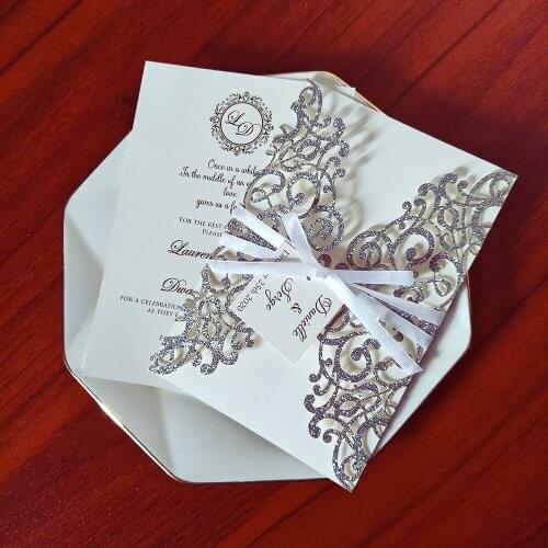Silver Glitter Laser Cut Wedding Cards with Tag and White Ribbon DIY Personalized Print Invitations for Anniversary Party Invite
