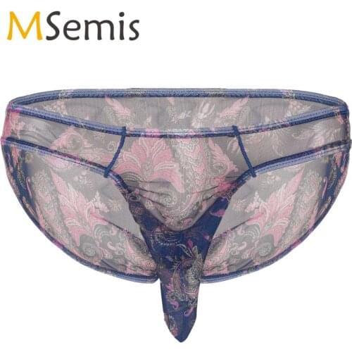 MSemis Male Gay Sissy Flower Printed Underwear Panties Men See Through Lingerie Low Rise Closed Penis Sheath Sleeve Briefs