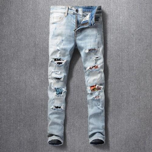 Fashion Streetwear Men Jeans Patchwork Designer Destroyed Ripped Jeans For Men Retro Light Blue Elastic Hip Hop Denim Punk Pants