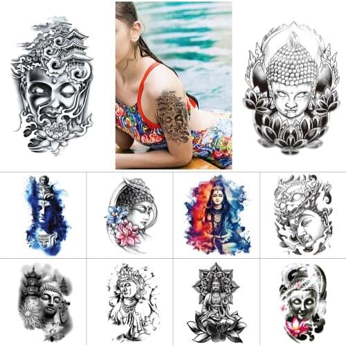 Waterproof tattoo stickers Chinese Buddha Statue lotus Temporary tattoo ink Black fake tattoo for men women arm Body tattoo