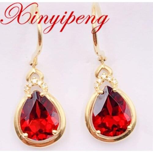 Xin Yipeng Fine Gemstone Jewelry Real 18K Yellow Gold Inlaid Natural Garnet Earrings Wedding Party Holiday Gift for Women