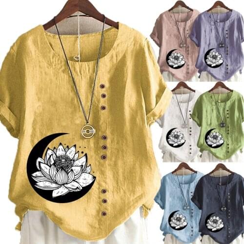 Womens Fashion Linen Shirt Flower Printed T-shirt Summer Short Sleeve Tops O-neck Loose Blouse S-5XL