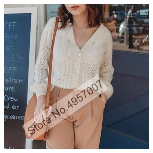 Ladies Mohair & Wool Blend V Neckline Knitted Cable Cardigan Sweater - Women Hollow Out Patchwork Jumper Top